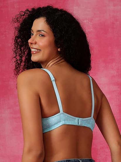 Clovia Women’s Blue Polyamide Printed T-Shirt Bra – Lightly Padded, Wire-Free, Full-Cup Support